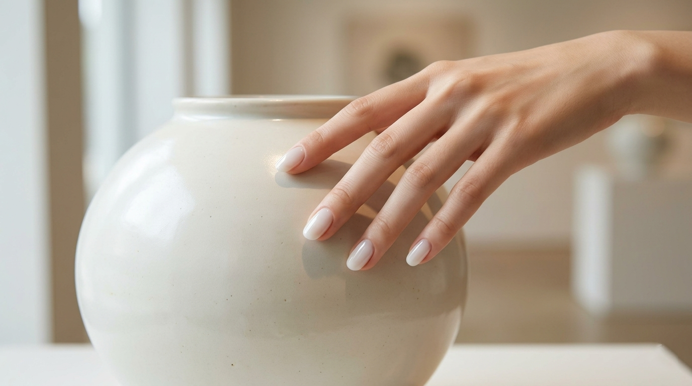Close-up of hand model with translucent milk white gel nails resting on a ceramic Korean moon jar.
