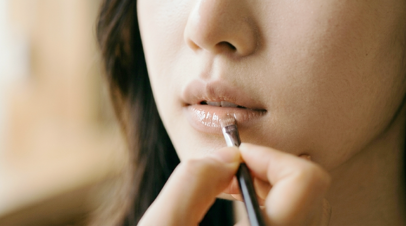 Macro close-up of makeup brush applying glossy lip tint to creating a blurry k-beauty gradient look.