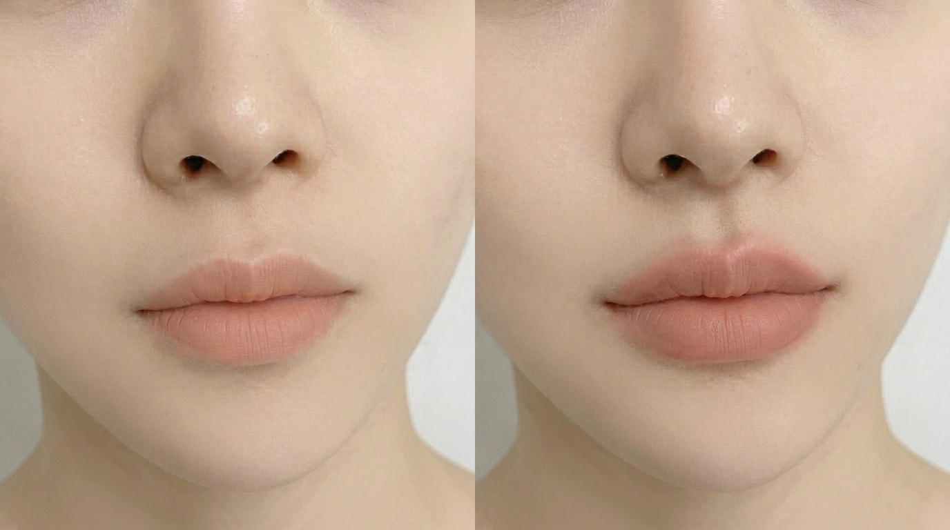 A split-screen, high-quality portrait focused on the lower face of a woman against a solid white background. The image compares two slightly different lip shapes and subtle changes in lip contouring. The skin texture is clear and bright, and the overall composition is clean and minimal, focusing on beauty and aesthetic detail without any text or distracting elements.