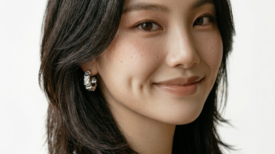 Detailed close-up portrait of a smiling East Asian woman with layered dark hair, prominent dimples, and coral lips. She has natural freckles and is wearing elaborate silver crystal cluster stud earrings and a white ribbed knit top. The background is a clean, minimalist off-white wall with subtle texture and a soft-focus hint of a ceramic vase.