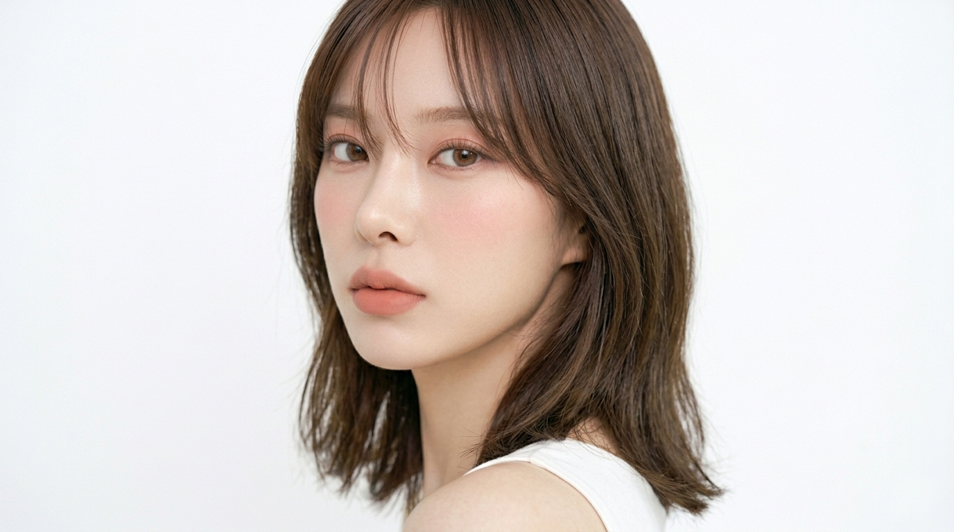 A high-resolution, cinematic portrait of a woman in a semi-profile pose, looking directly at the camera with a calm, elegant expression that embodies a refined Korean aesthetic. She has natural, shoulder-length brown hair with soft bangs and wears subtle makeup highlighted by a sophisticated, warm peanut-butter-colored matte lip. The lighting is soft and natural, emphasizing realistic skin texture, set against a clean, minimalist white background.
