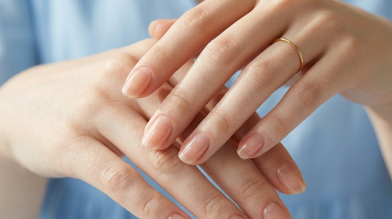 A close-up photograph of a woman's hands with healthy, smooth skin and beautifully manicured natural nails. Her nails are short and covered with a subtle, clear-to-light-pink translucent high-gloss gel polish that creates a smooth, reflective, glass-skin finish. Her fingers are delicately posed, and she wears a simple, thin gold ring on her right ring finger. The background is a soft, out-of-focus blue, and the lighting is natural, highlighting the hand texture and the shiny nail surfaces.