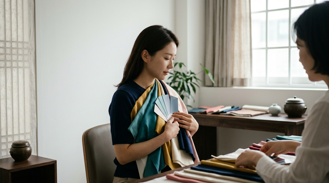 Minimalist Seoul personal color studio with consultant holding fabric drapes under soft natural window light.