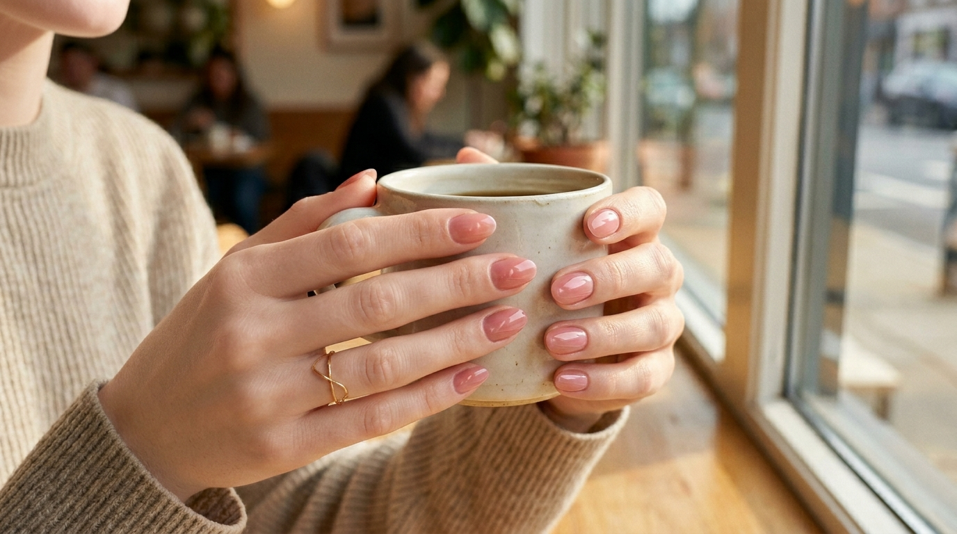 clean girl hands with glossy translucent pink syrup nails holding a white ceramic mug in soft sunlight