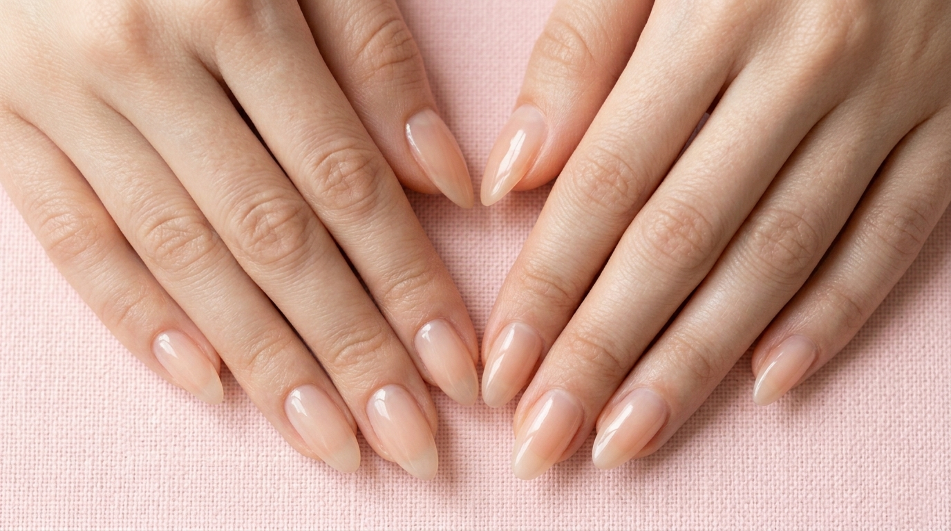A close-up photograph of a woman’s hands resting elegantly on a soft pastel pink background, with all ten fingers clearly visible. The skin is clear, hydrated, and smooth, reflecting the clean-girl aesthetic. Her nails are perfectly shaped into a refined almond silhouette, coated in a delicate, semi-transparent pink syrup gel that provides a juicy, glass-like glossy finish. The overall mood is minimalist, professional, and elegant.