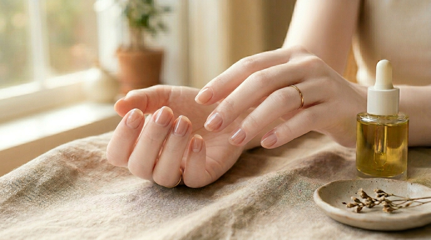 A close-up, high-end editorial photograph of a woman's hands resting softly on a textured beige linen fabric. Her skin is bright, smooth, and flawless, with elegant thin gold rings on her fingers. Her nails feature a natural, translucent nude syrup gel polish with a clean, smooth glass-like gloss, completely free of any greasy residue. Next to her hands is a minimalist clear glass dropper bottle filled with golden organic cuticle oil, sitting beside a small ceramic dish with a delicate dried flower stalk. Soft, warm natural daylight streams in from a window in the blurred background, creating a calm and luxurious atmosphere.
