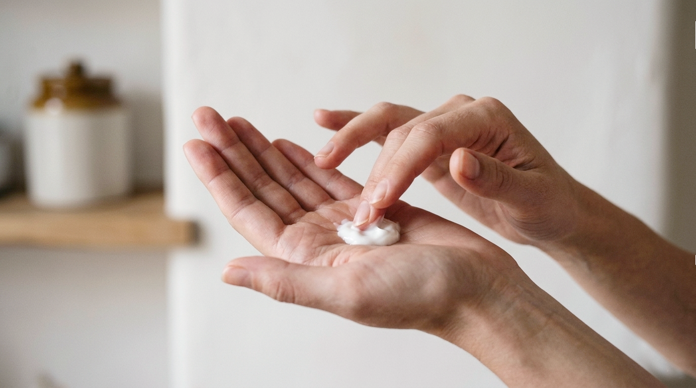 Detailed close-up of natural-looking woman's hands applying a dollop of white moisturizing lotion or cream to the center of the left palm using the right index finger, with a blurred warm-toned spa or vanity background featuring a wooden shelf and jar.
