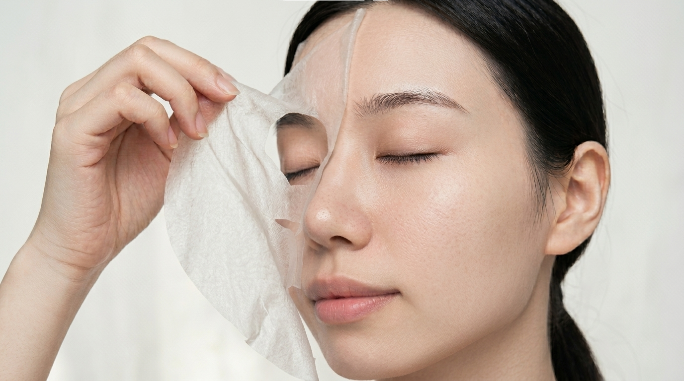 A close-up, high-resolution lifestyle photograph of a Korean woman with clear, naturally glowing skin texture, in the process of peeling off a transparent sheet mask from her face against a soft, warm background.
