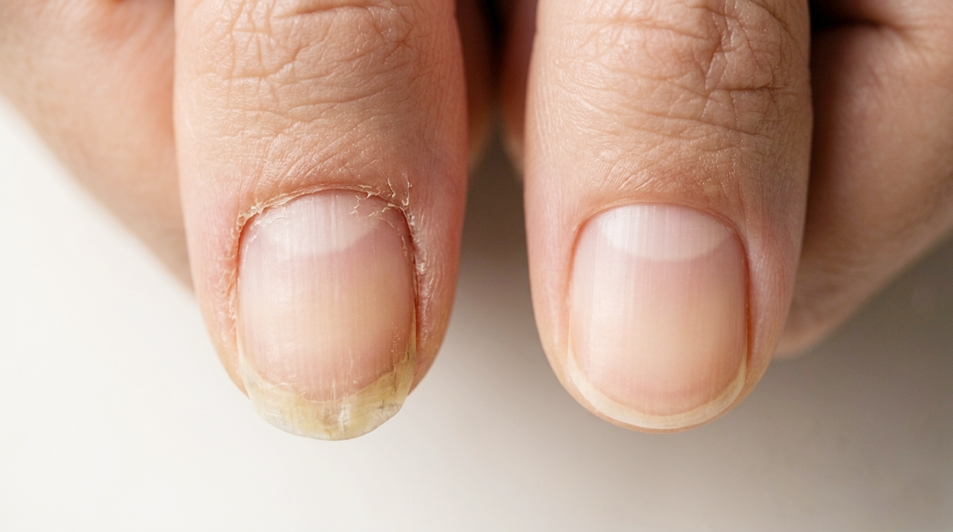 "Dermatology comparison photo: A high-resolution close-up comparing a healthy, pinkish human thumbnail with a clear lunula on the right to an unhealthy, thickened, and yellow-discolored nail affected by severe onychomycosis (nail fungus) on the left.