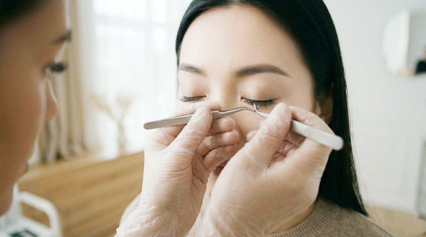 Close-up of professional applying natural individual eyelash extensions to closed eyes with tweezers in studio.