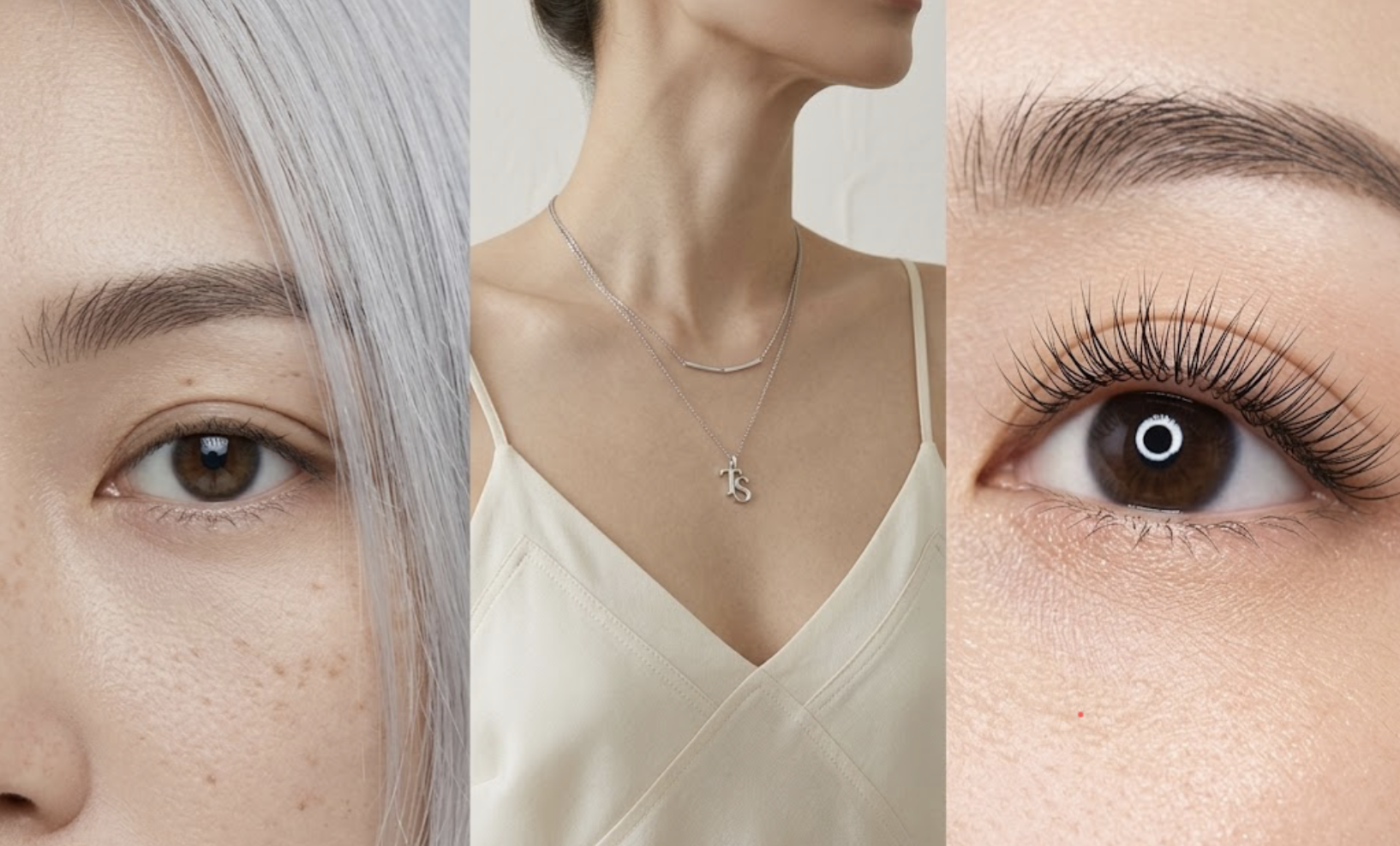 A three-panel composite photograph. Left panel: Close-up of a human eye with extremely healthy skin texture and soft freckles, framed by fine, soft, icy-silver platinum hair. Center panel: Medium-close shot of a woman's décolletage wearing an architectural, fine-knit silk camisole and a custom-sculpted 'TS' initial silver necklace layered with a bar necklace. Right panel: Ultra close-up of a human eye with incredibly precise and weightless eyelash extensions and a sophisticated double-crescent catchlight. High-fidelity daylight and a minimalist off-white background.