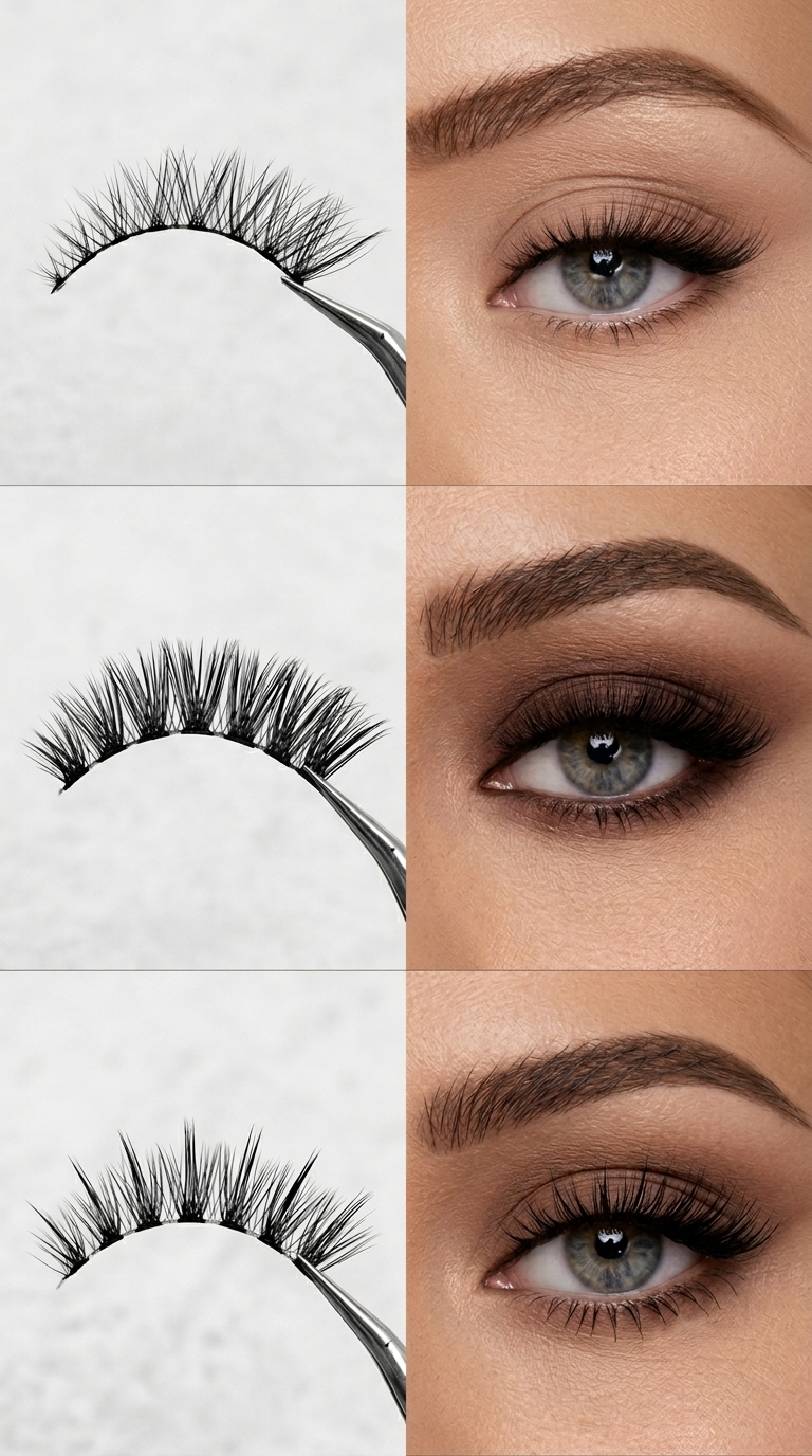 Comparison of three different styles of false eyelash clusters held by tweezers, shown alongside close-up photos of eyes wearing each corresponding lash design.