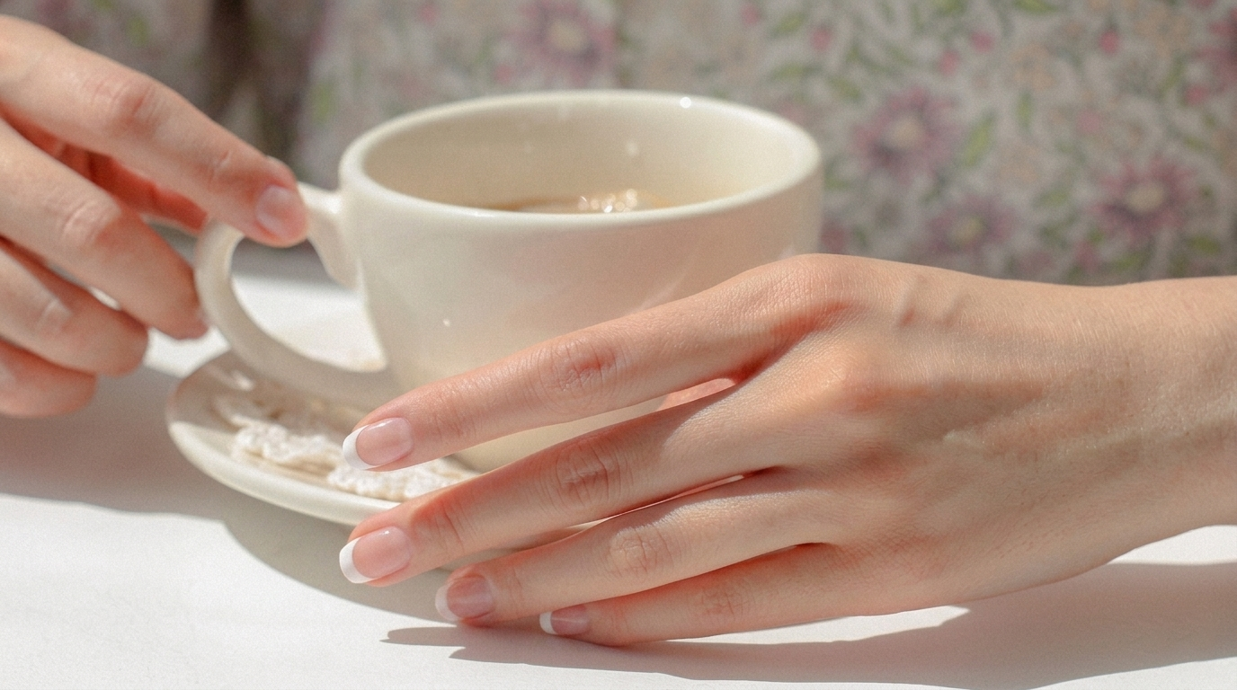 "A close-up photograph of a woman's hands with elegant white French tip manicured nails resting on a white table next to a coffee cup. Soft natural sunlight creates gentle shadows, highlighting the clean and detailed look of the fingernails.