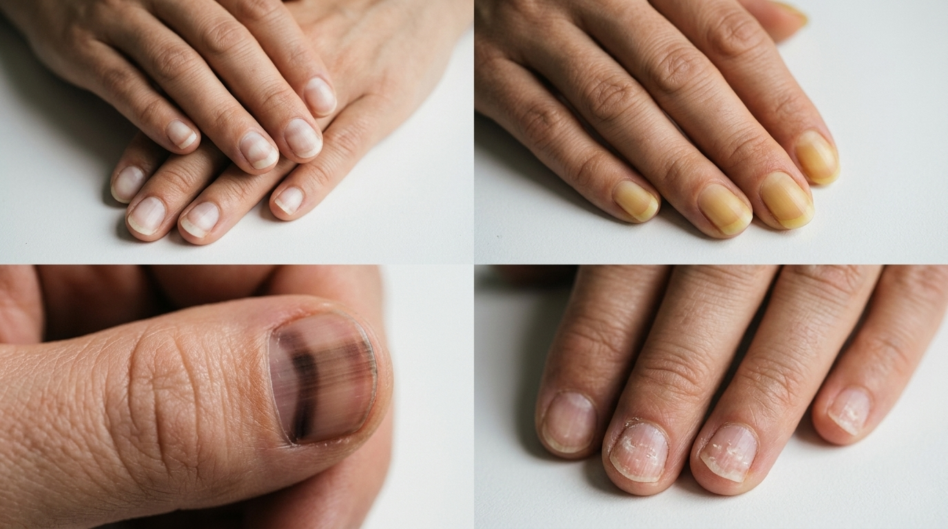 A 4-panel collage of high-resolution professional medical photographs showcasing various nail health signs and abnormalities, including pale nail beds, yellow nails meaning system illness, dark vertical lines on a thumb nail, and nail pitting with horizontal ridges.