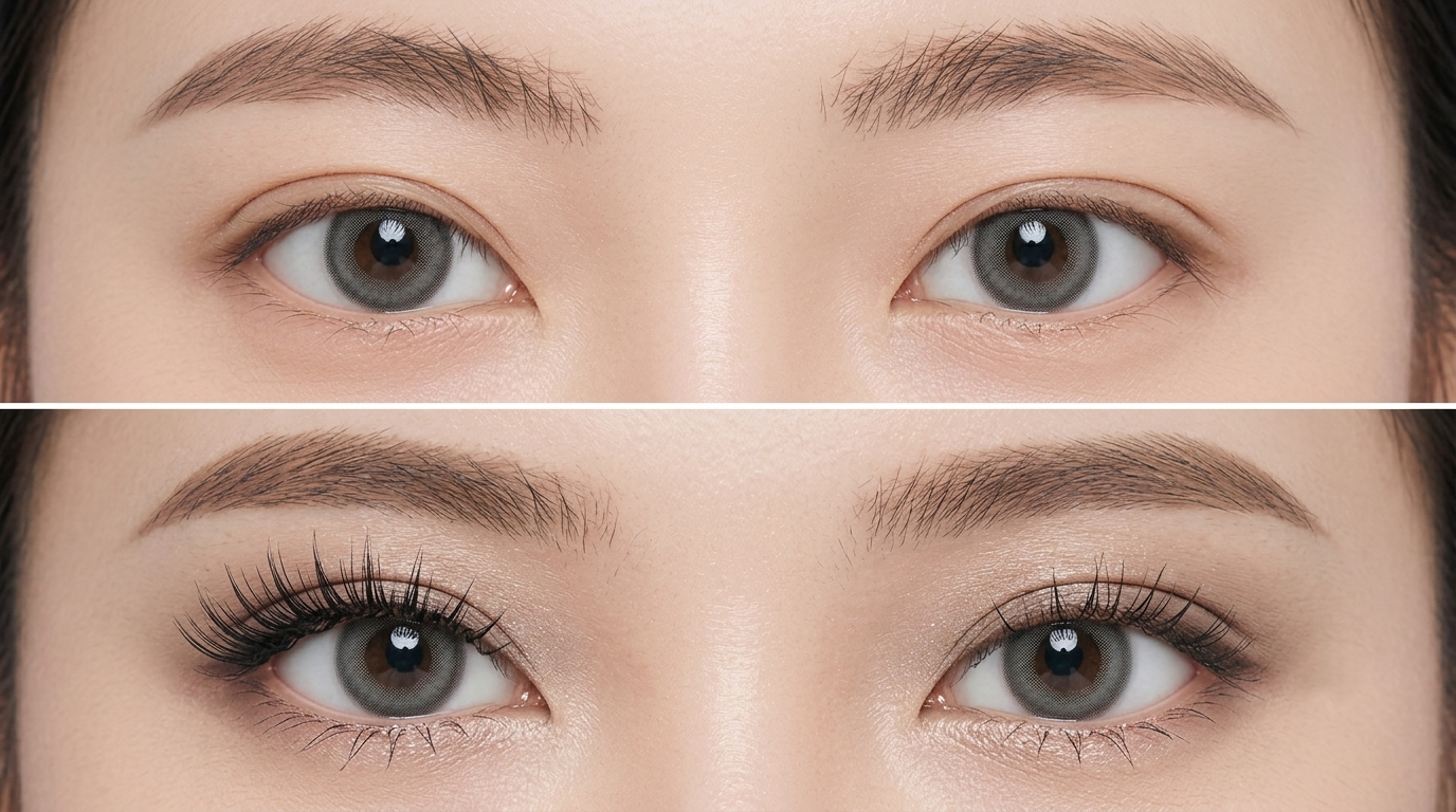 Before and after comparison of eyelash enhancement with grey contact lenses, showcasing natural eye makeup and defined lash styling.