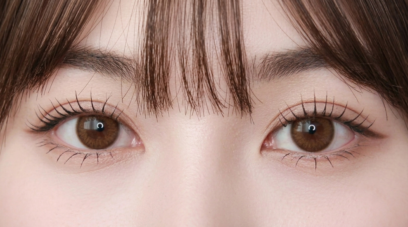 Close-up of a person's eyes with natural brown contact lenses and well-defined eyelashes, featuring soft brown hair and neatly groomed eyebrows.