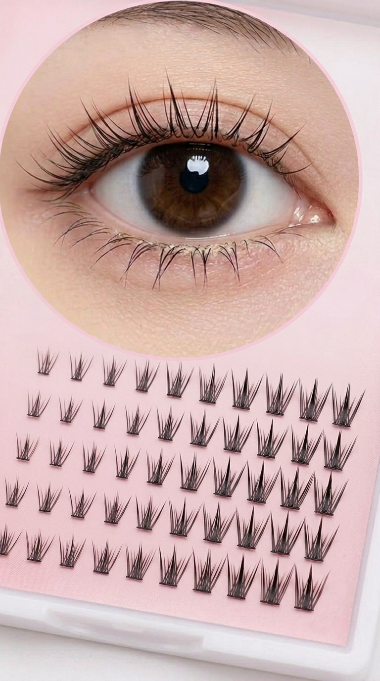 Professional individual false eyelash clusters on a pink tray, featuring a close-up of a natural-looking eye makeup effect for daily or special occasions.