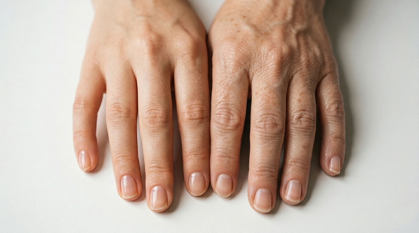 Close-up photograph of a woman’s hands placed together on a clean white surface, showcasing the natural difference in texture and appearance between them.