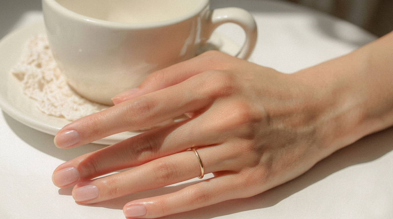 A detailed close-up photograph of a woman's hand, displaying clean, glassy-finish clear gel nails inspired by K-Beauty syrup nail trends. She wears a simple, plain gold band ring. The softly blurred background features a ceramic coffee cup and lace saucer under natural daylight.